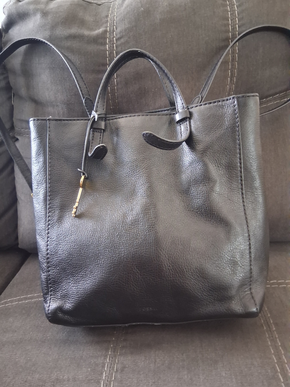 Fossil Black Leather Tote with Gold Key Accent